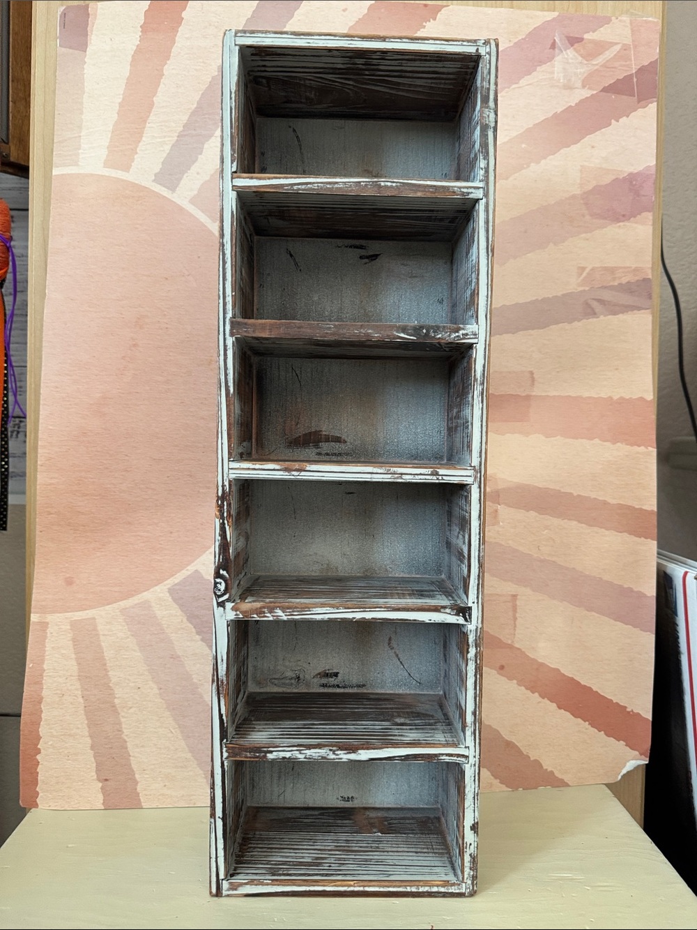 Distressed White & Brown Wooden Wall Trinket Shelf - Rustic Home Decor